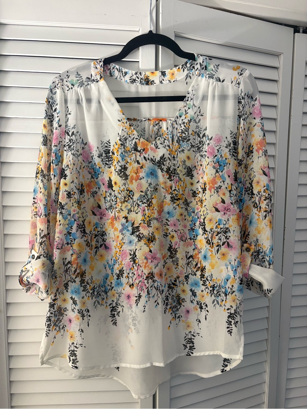 Floral V-Neck Roll-Sleeve Blouse - White with Pink, Yellow & Blue